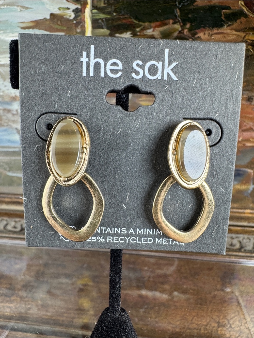 0626-the sak Gold Drop Earrings with Beige Marbled Stone